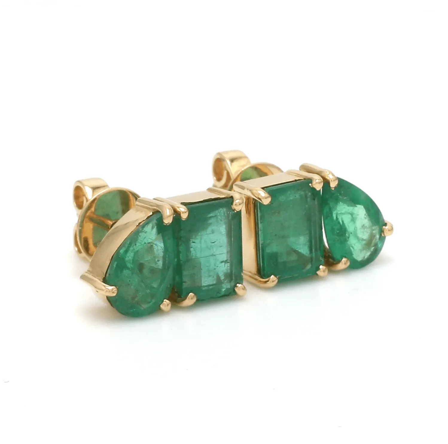 14K & 18K Gold Emerald, Emerald & Pear Shape Double Stone Stud Earrings