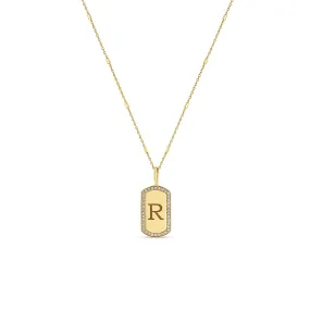 14k Engraved Initial X-Small Pavé Diamond Dog Tag Necklace