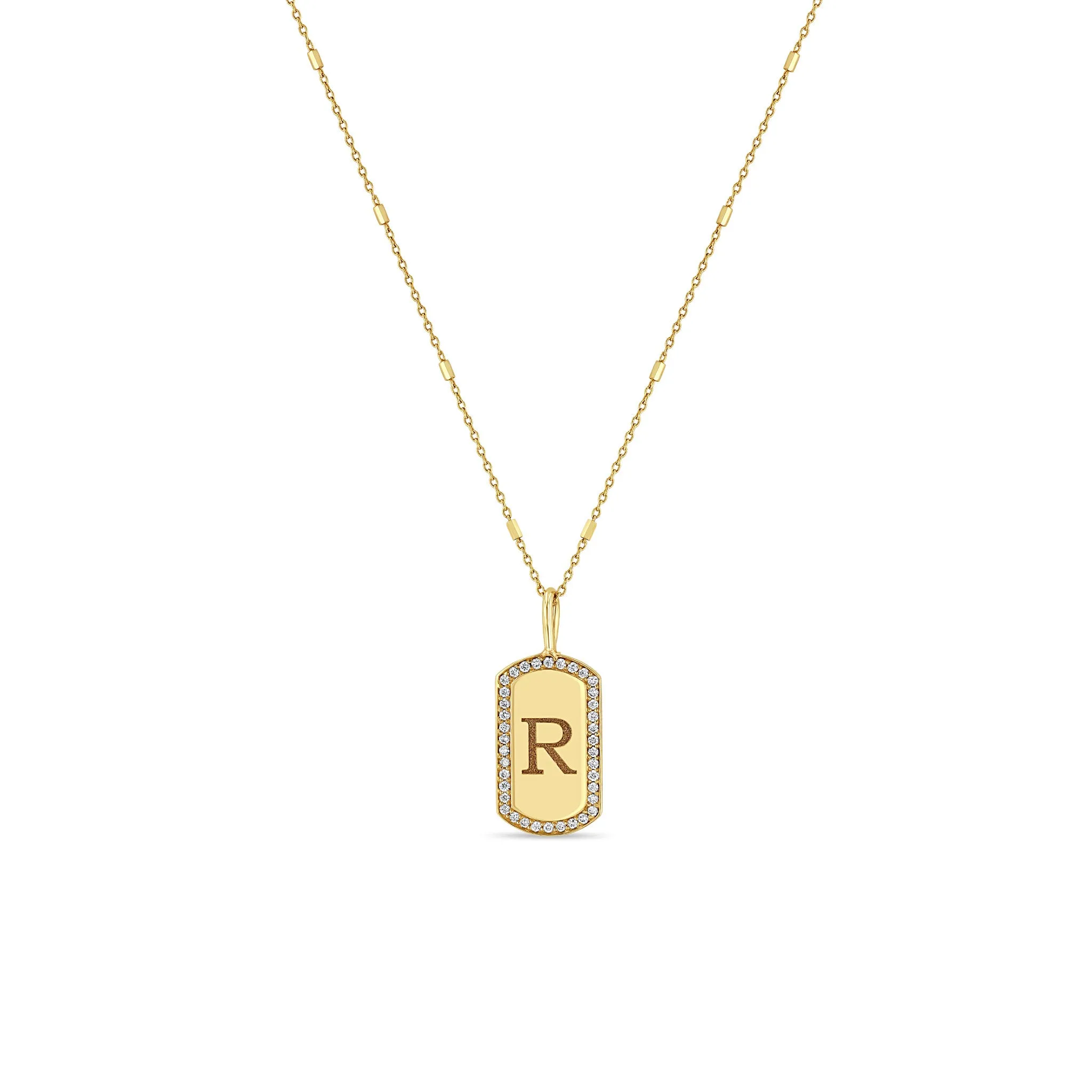 14k Engraved Initial X-Small Pavé Diamond Dog Tag Necklace