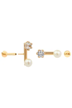 14k Gold Freshwater Pearl Tragus Helix Internally Threaded Flat Back Earring Labret Stud