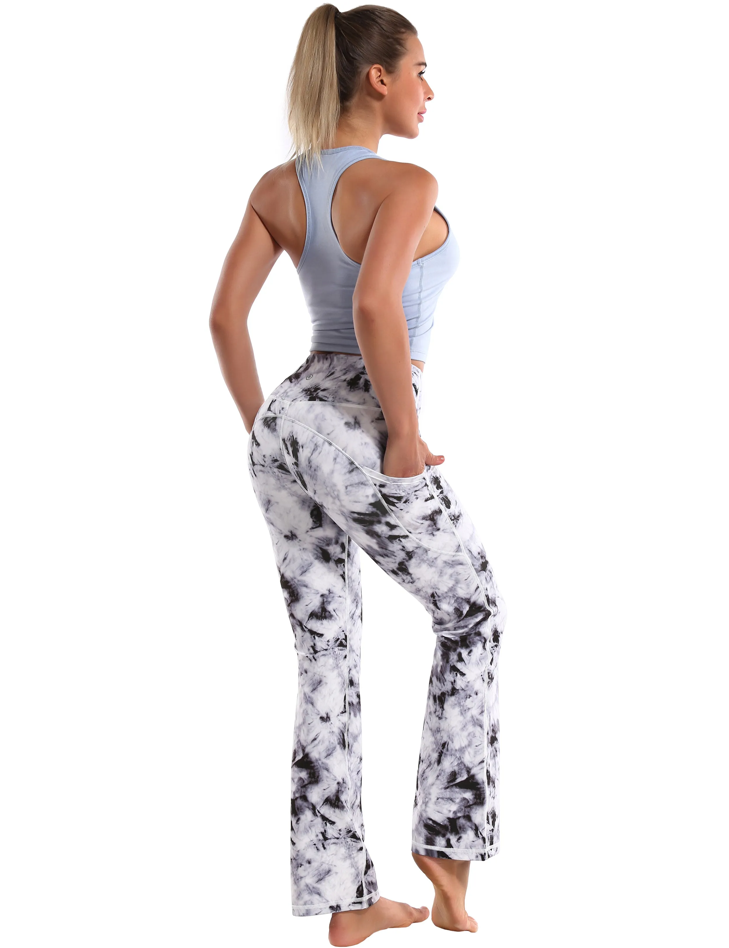 29" 31" 33" 35" 37"  Side Pockets Printed Bootcut Leggings black dandelion