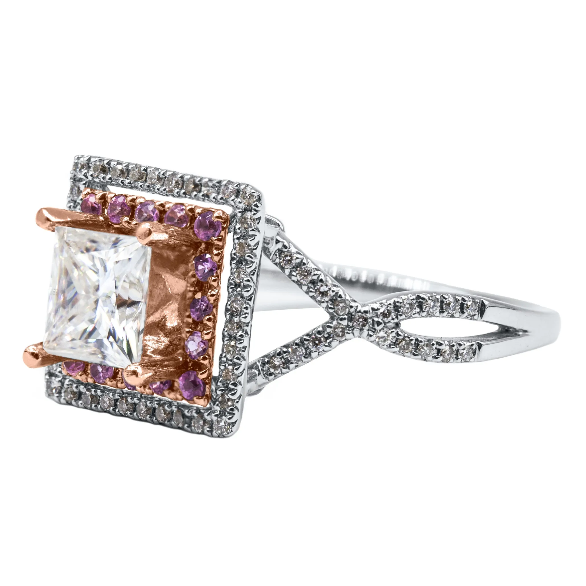 5.5mm Princess Cut Moissanite, Diamond & Pink Sapphire 14k Gold Double Halo with Infinity Ring