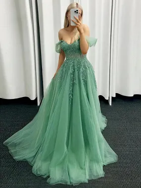 A Line Off The Shoulder Lace Tulle Green Long Prom Dresses, Green Lace Off Shoulder Formal Evening Dresses