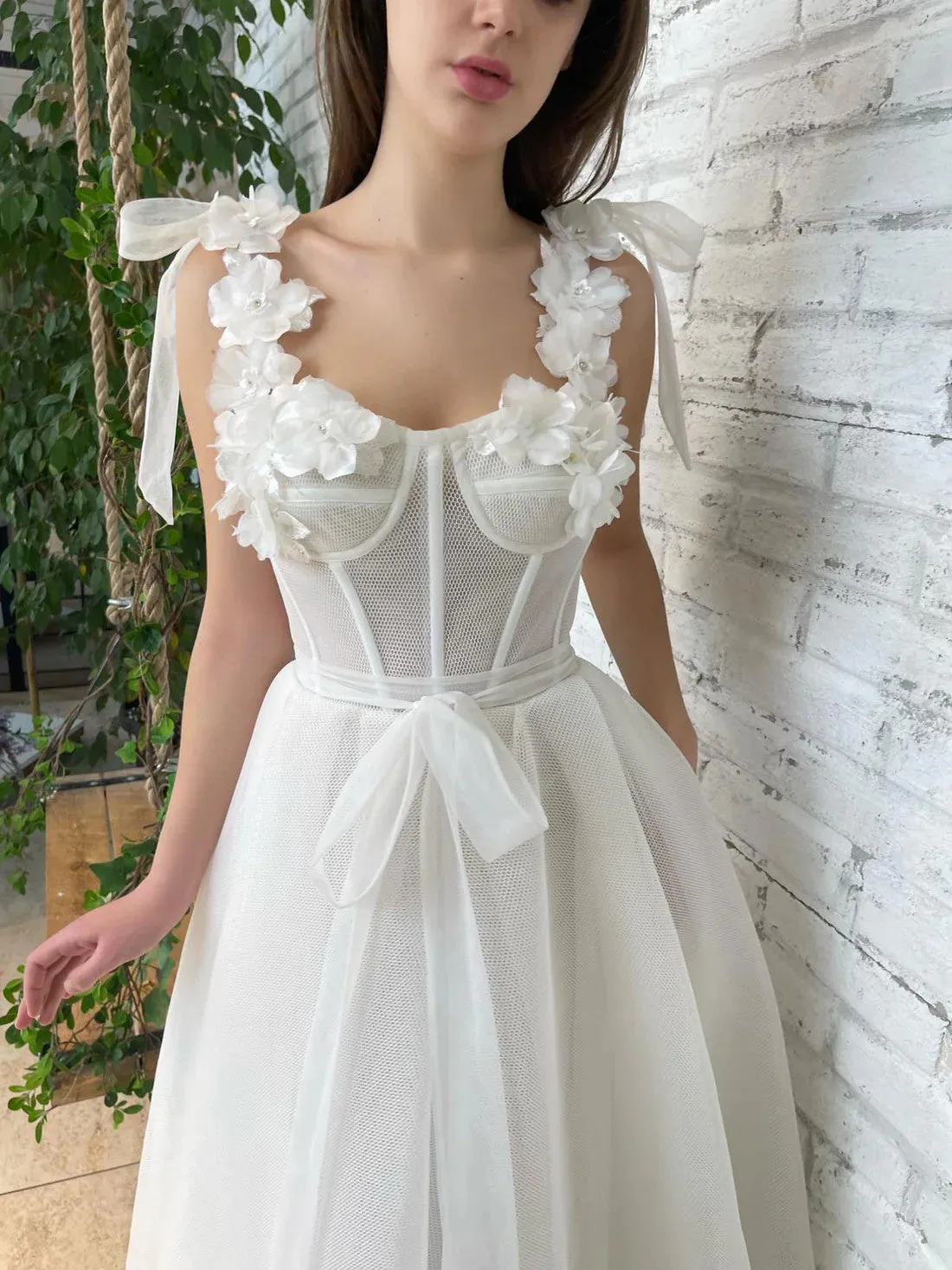 A  Line Tea Length Ivory 3D Flowers Prom Dresses, 3D Flowers Tea Length Ivory Formal Evening Homecoming Dresses