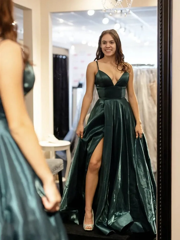 A Line V Neck Dark Green Satin Prom Dresses with Leg Slit, V Neck Dark Green Satin Long Formal Evening Dresses