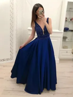 A Line V Neck Navy Blue Satin Long Prom with Beads, Navy Blue Formal Graduation, Evening