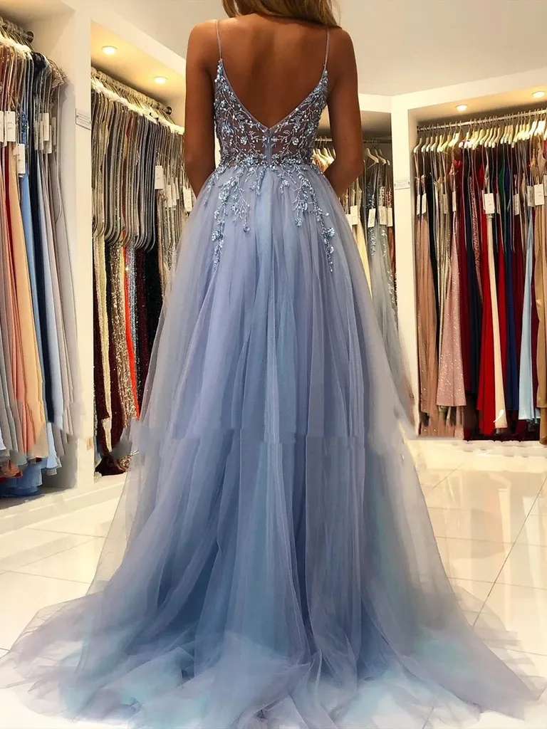 A Line V Neck Smoky Gray Long Beaded Prom Dresses, Smoky Gray Long Formal Evening Dresses