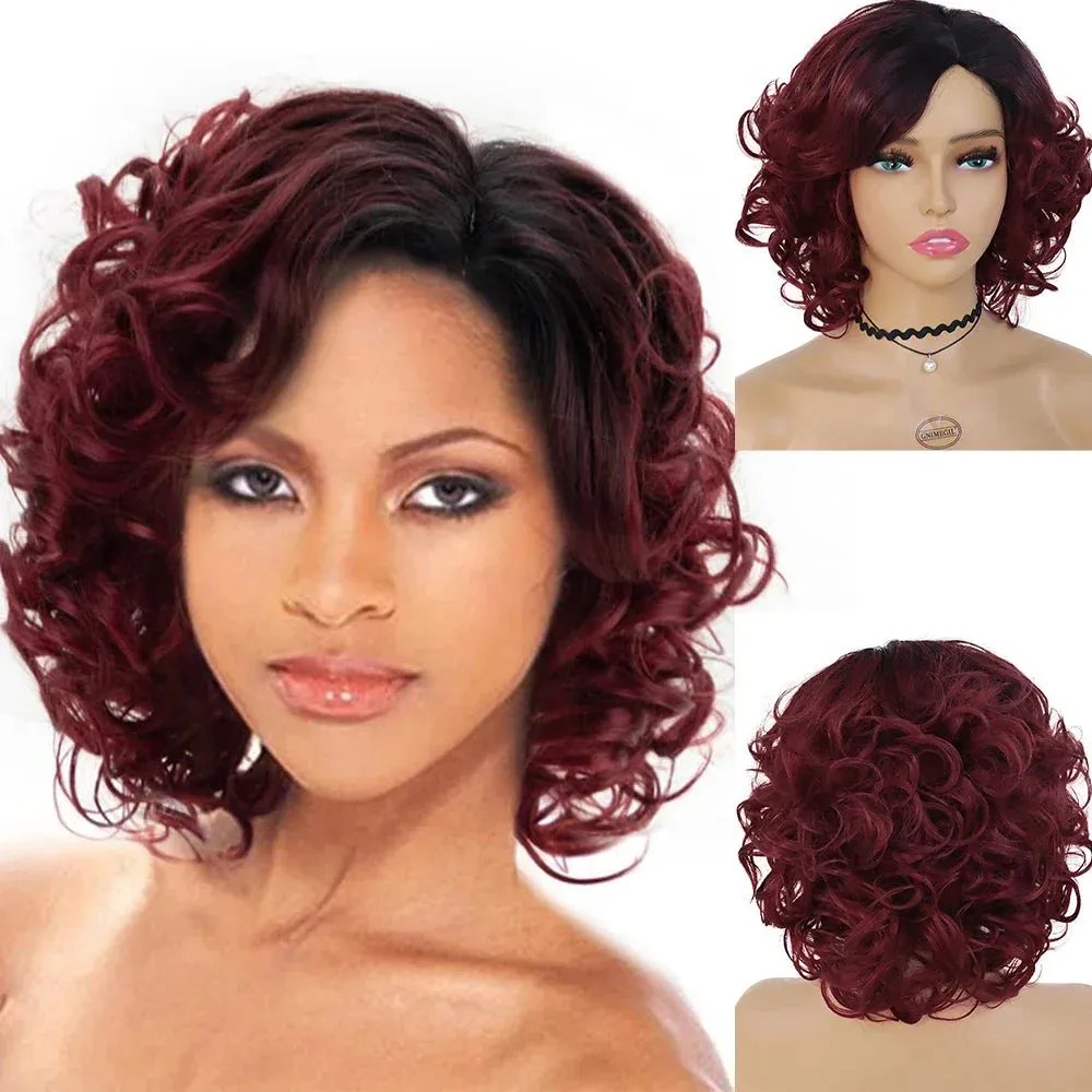 Afro Short Wig Culry Hair Synthetic Wigs with Bangs High Temperature Fiber Wig for Woman Mix Brown Colly Fashion Hairstyle Cute