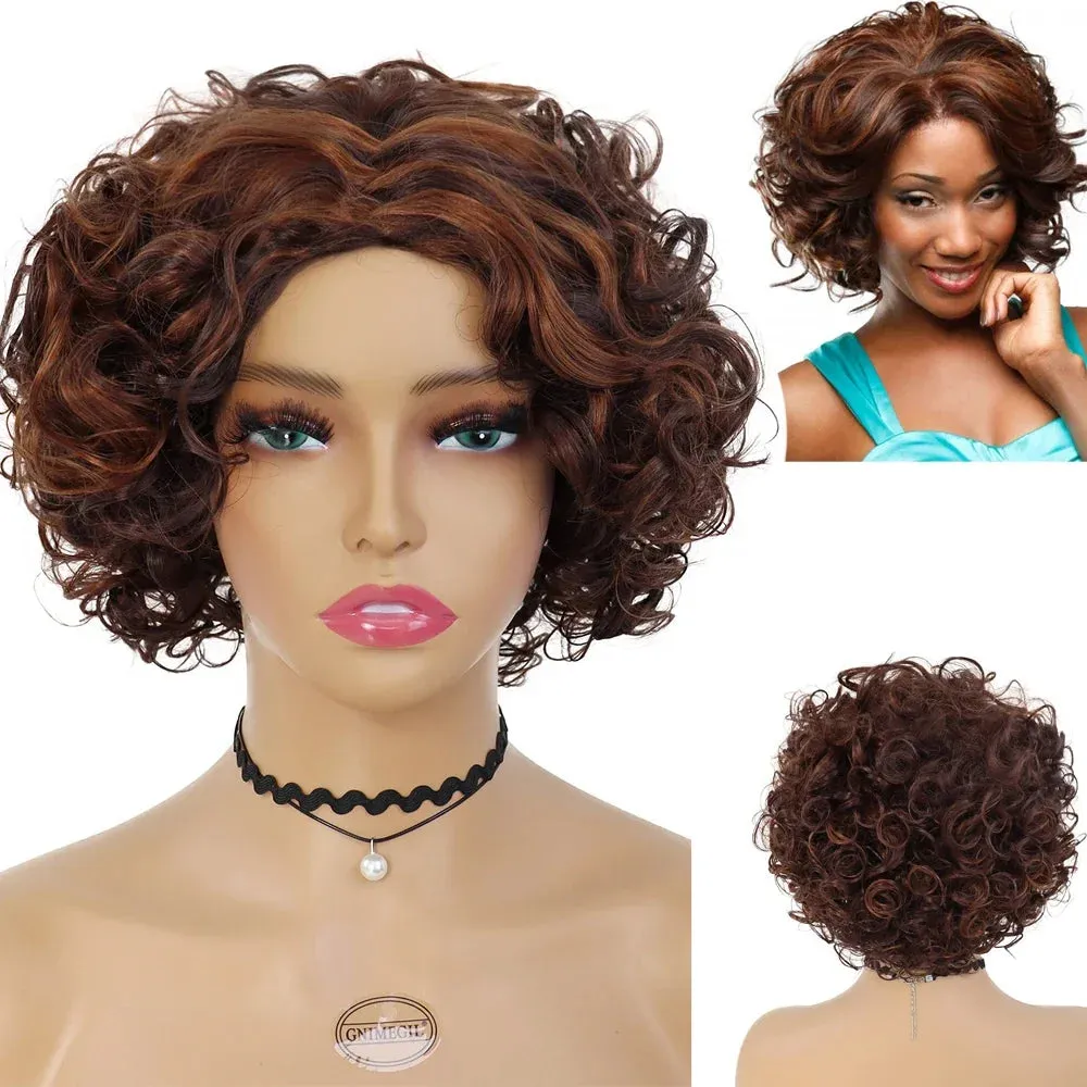 Afro Short Wig Culry Hair Synthetic Wigs with Bangs High Temperature Fiber Wig for Woman Mix Brown Colly Fashion Hairstyle Cute