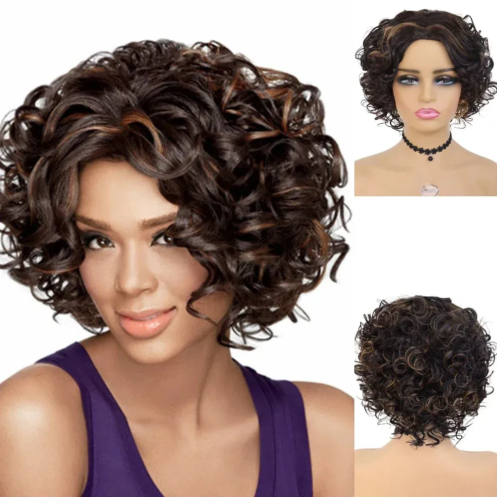 Afro Short Wig Culry Hair Synthetic Wigs with Bangs High Temperature Fiber Wig for Woman Mix Brown Colly Fashion Hairstyle Cute