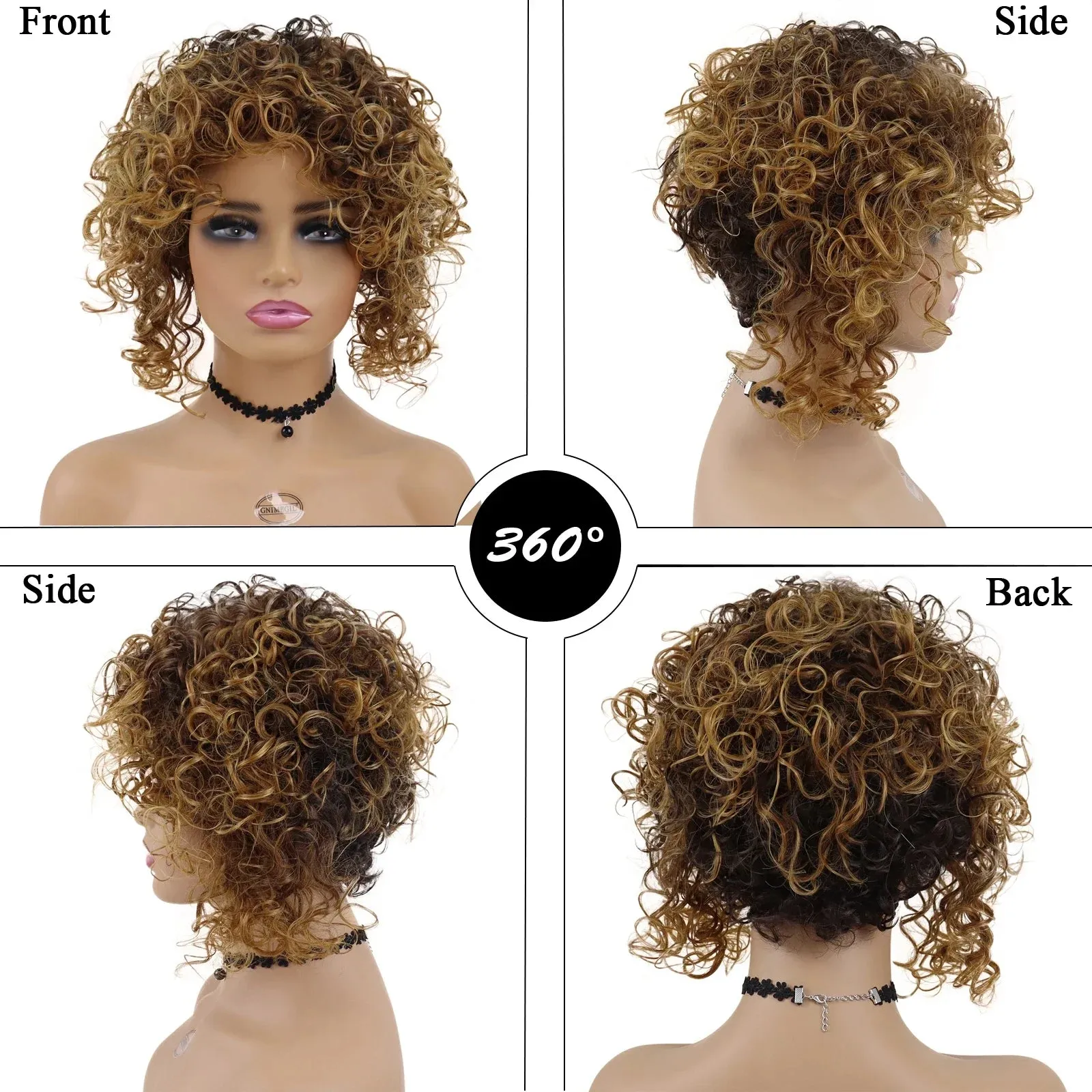 Afro Short Wig Culry Hair Synthetic Wigs with Bangs High Temperature Fiber Wig for Woman Mix Brown Colly Fashion Hairstyle Cute