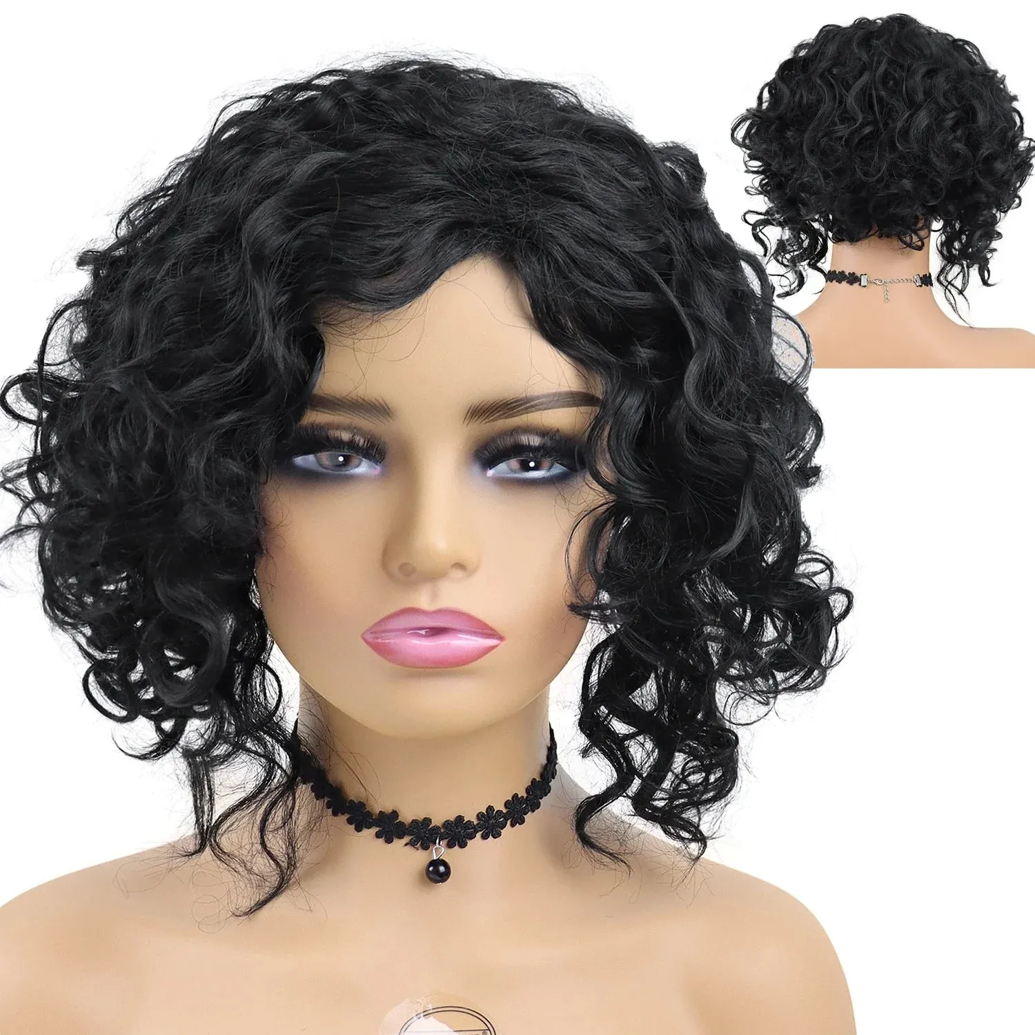 Afro Short Wig Culry Hair Synthetic Wigs with Bangs High Temperature Fiber Wig for Woman Mix Brown Colly Fashion Hairstyle Cute