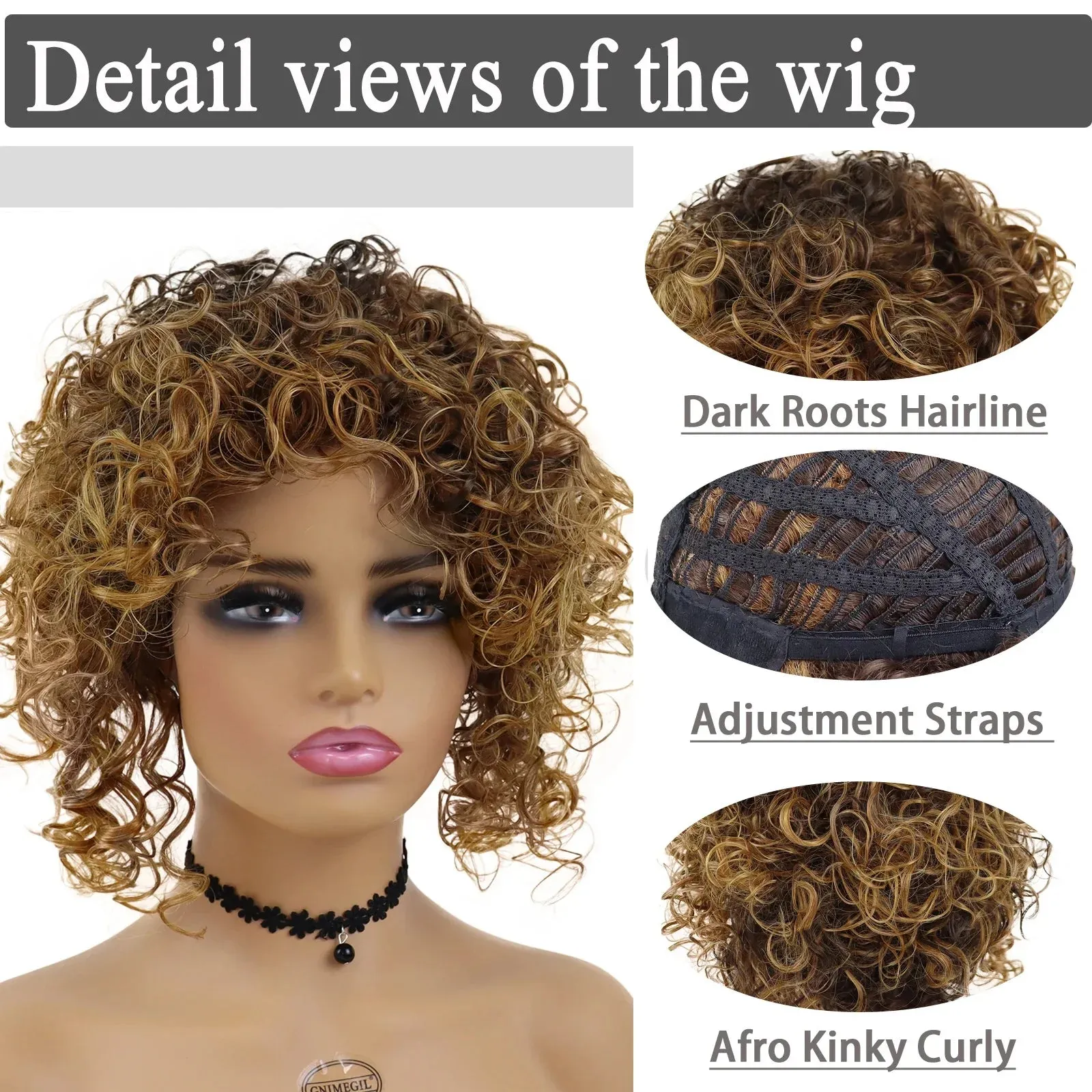 Afro Short Wig Culry Hair Synthetic Wigs with Bangs High Temperature Fiber Wig for Woman Mix Brown Colly Fashion Hairstyle Cute