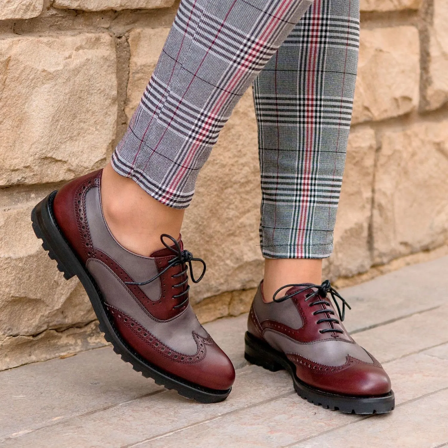 Ambrogio Bespoke Custom Women's Shoes Burgundy & Gray Calf-Skin Leather Wingtip Oxfords (AMBW1095)