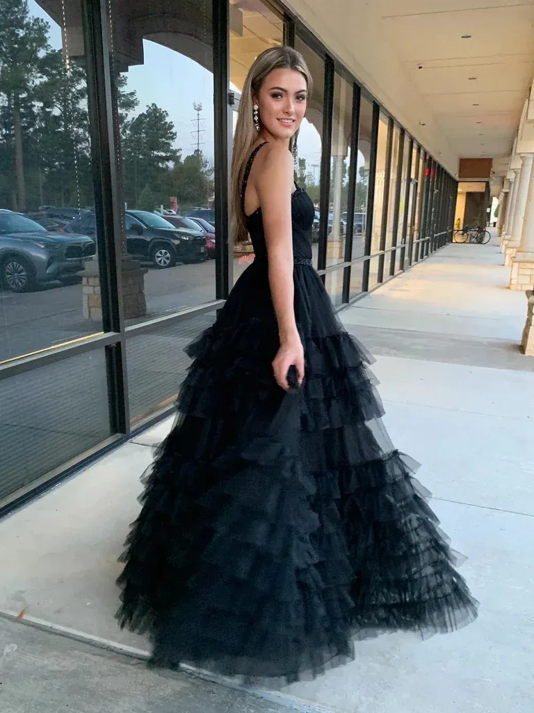 Beaded A Line Sweetheart Neck Lilac/Black Long Prom Dresses,Purple/Black Layered Tulle Formal Evening Dresses