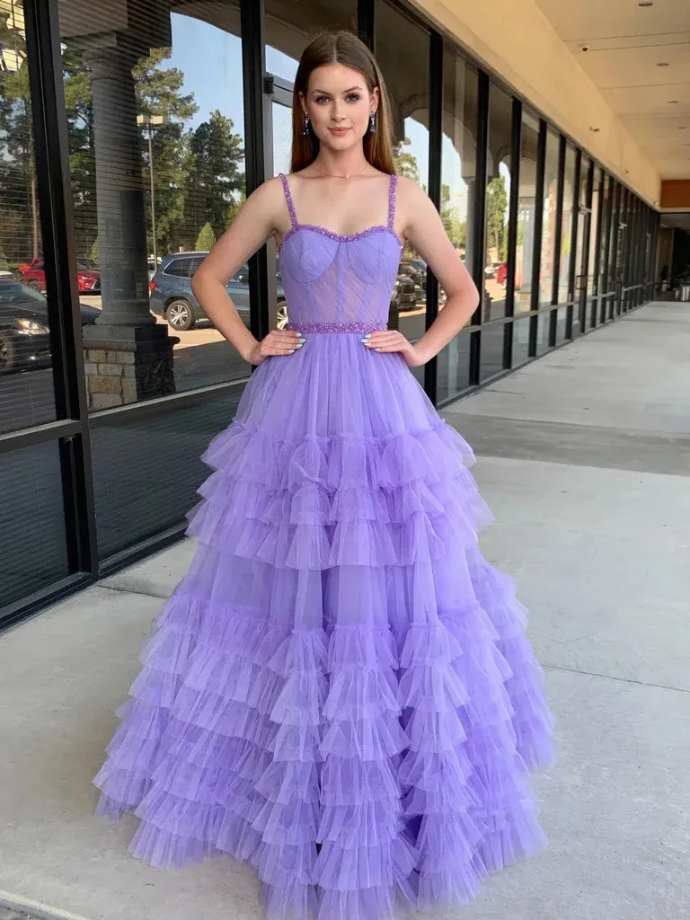 Beaded A Line Sweetheart Neck Lilac/Black Long Prom Dresses,Purple/Black Layered Tulle Formal Evening Dresses