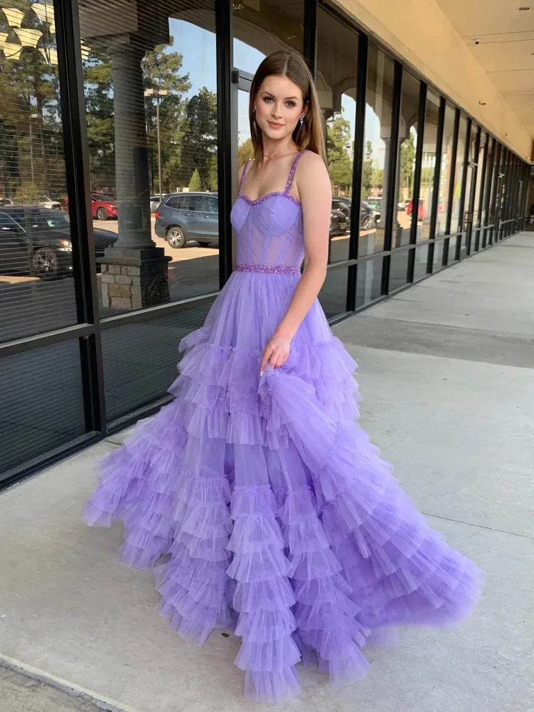 Beaded A Line Sweetheart Neck Lilac/Black Long Prom Dresses,Purple/Black Layered Tulle Formal Evening Dresses