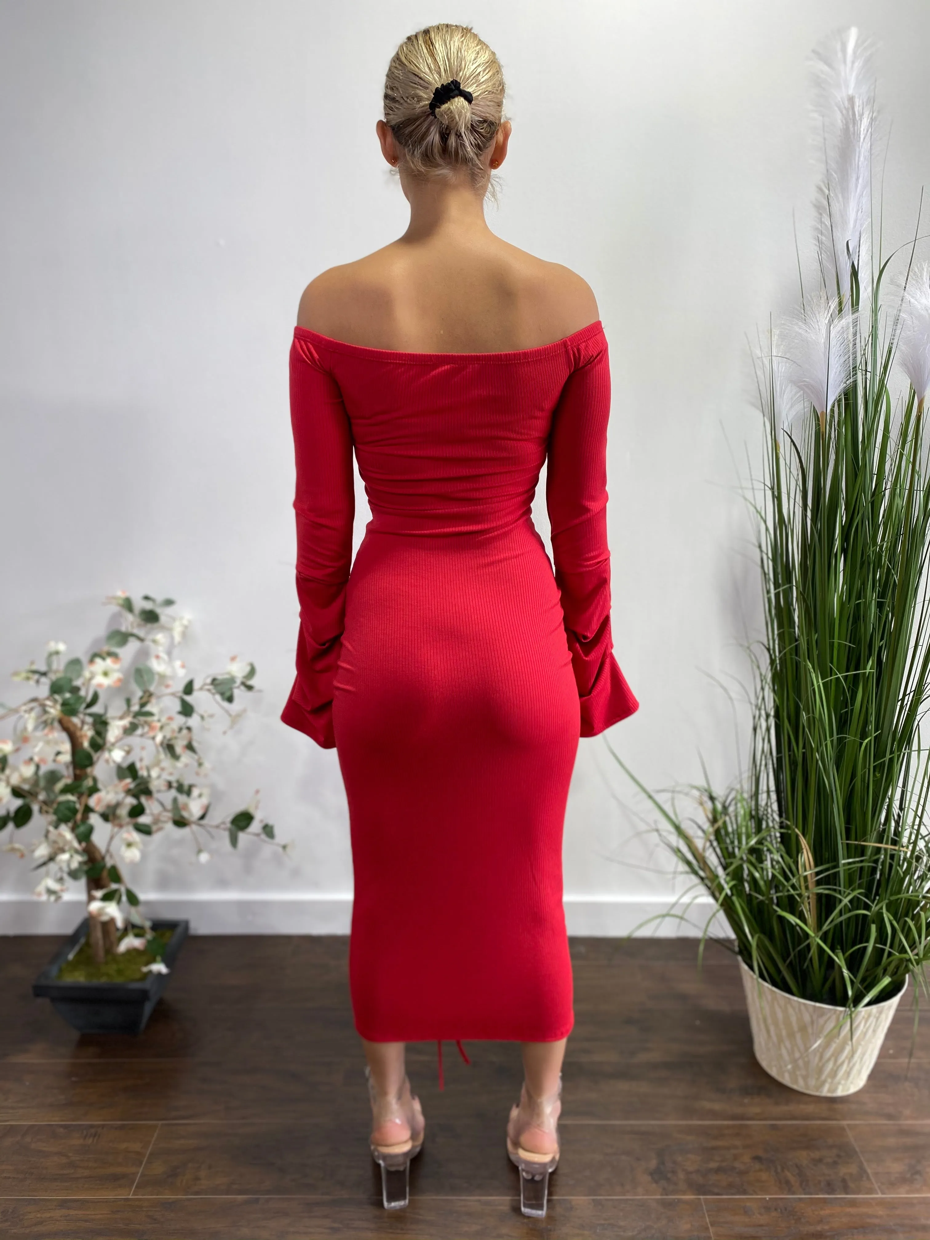 Belita Rib Off The Shoulder Stacked SLV Ruched Midi Dress (Red) SBD1578