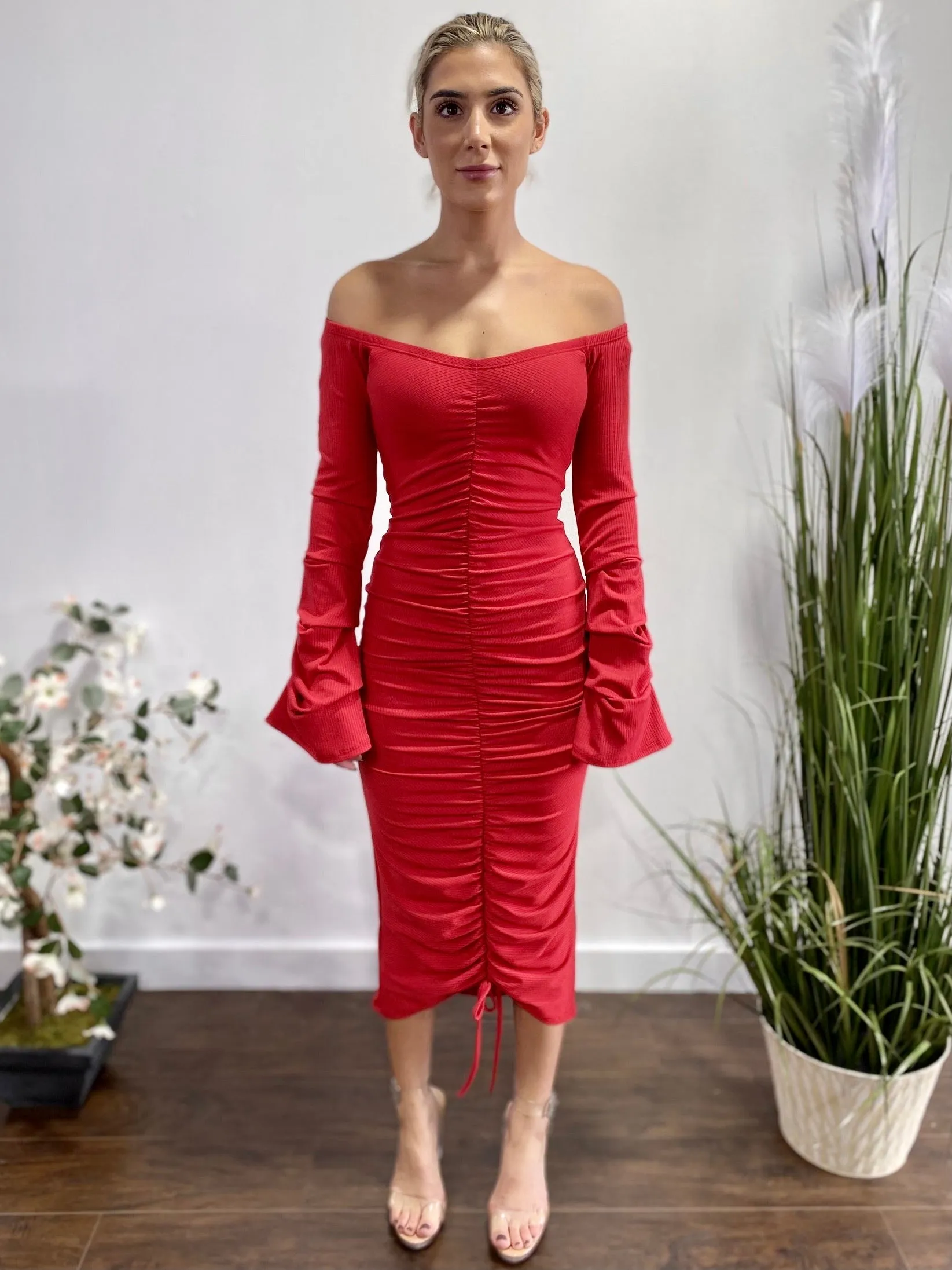 Belita Rib Off The Shoulder Stacked SLV Ruched Midi Dress (Red) SBD1578