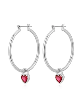 Bezel Heart Charm Hoops- Silver