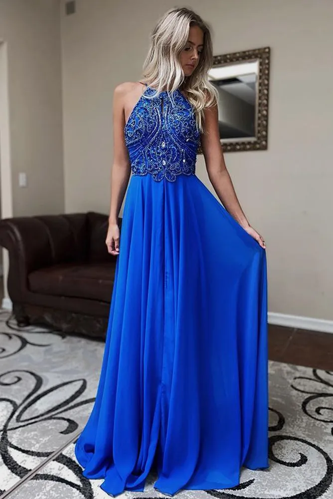 Blue Prom Dresses Halter Neckline, Formal Ball Dress, Evening Dress, Dance Dresses, School Party Gown, PC0899