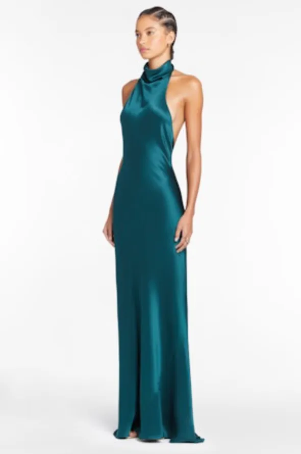 Blue Spruce Sleeveless Halter Neck Silk Gown