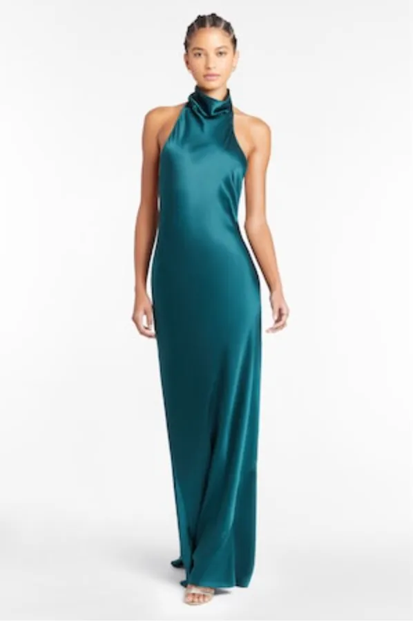 Blue Spruce Sleeveless Halter Neck Silk Gown