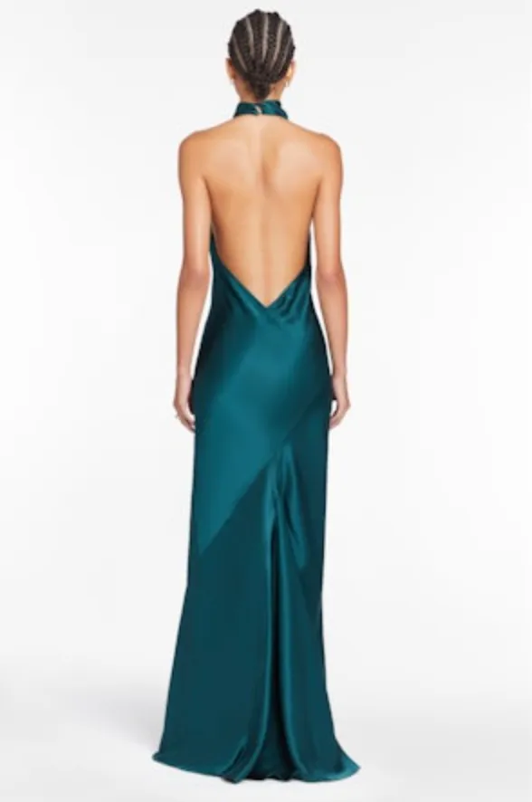 Blue Spruce Sleeveless Halter Neck Silk Gown