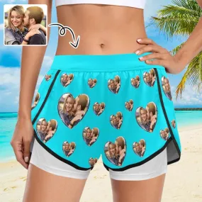 Custom Photo Heart Blue Women's 2 in 1 Surfing & Beach Shorts Female Gym Fitness Shorts