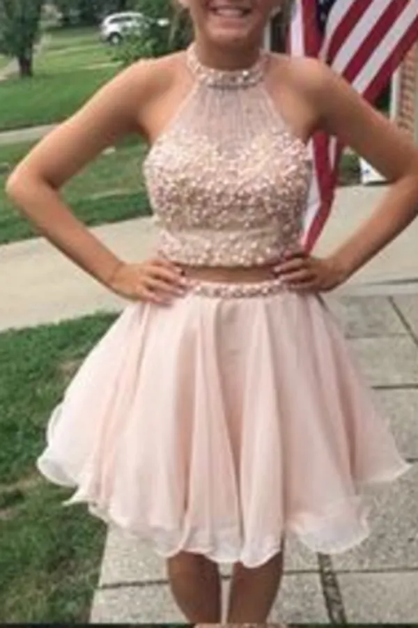 Cute Sleeveless Chiffon Appliqued Beaded Short Homecoming Dresses