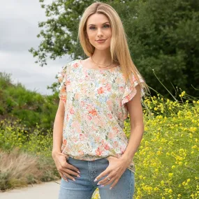 Floral Printed Top with Double Ruffled Short Sleeves