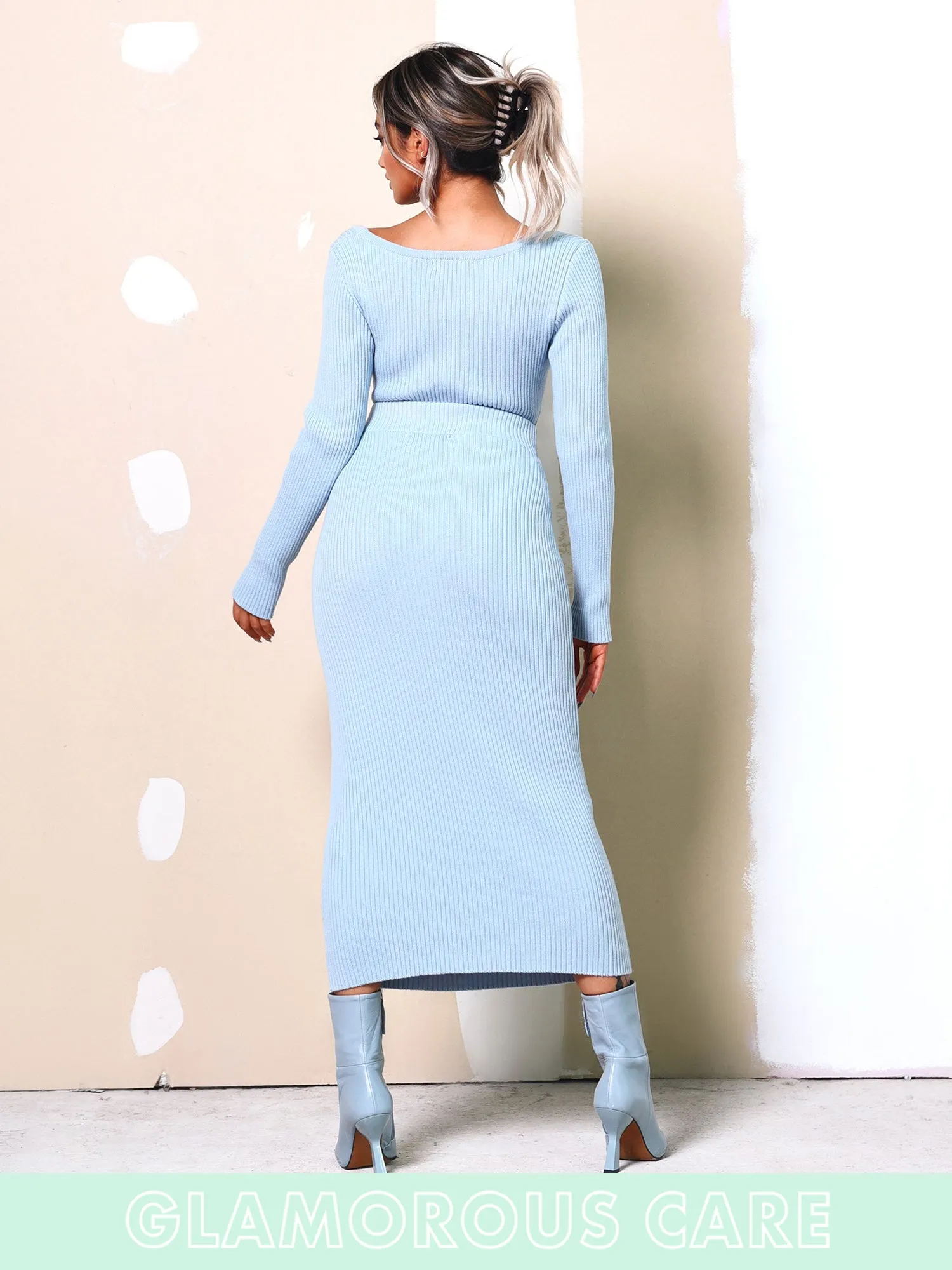 Glamorous Care Light Blue Ribbed Midi Skirt