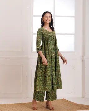 Green Dabu Hand Block Printed Cotton Gathered Kurta Pant