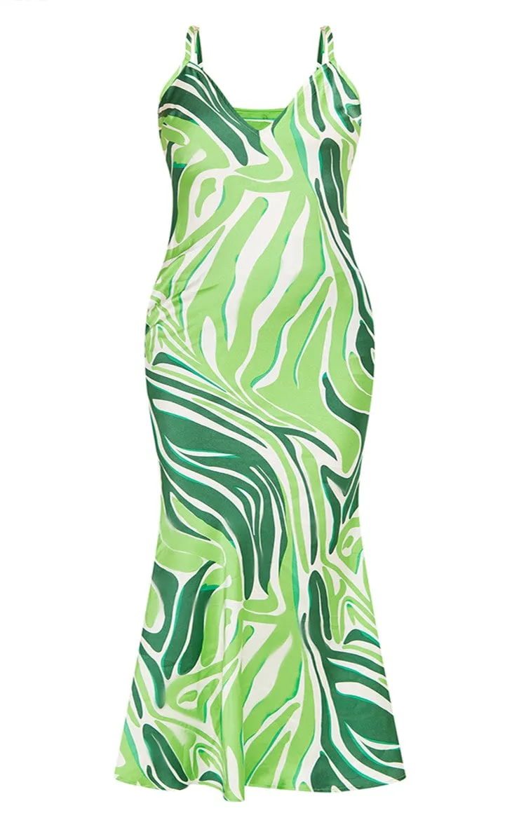 green satin zebra print maxi dress