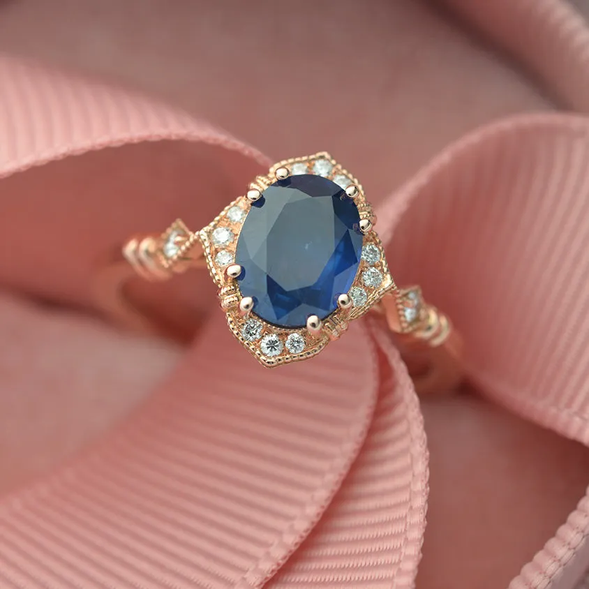 Haydee natural Blue Sapphire Oval Halo Engagement Ring Vintage Style