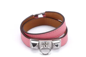 Hermes Rivale Double Tour Bracelet (Stamp A), Size S, Rose Azalee Color, Swift Leather, Silver Hardware, with Dust Cover & Box