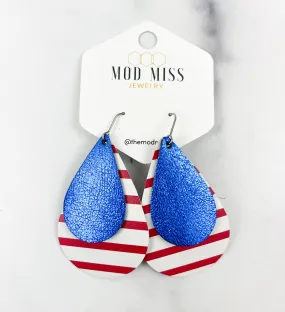 Leather Stacked Teardrop Earring Metallic Royal Blue on Thick Red & White Stripes (Thick Stripes)