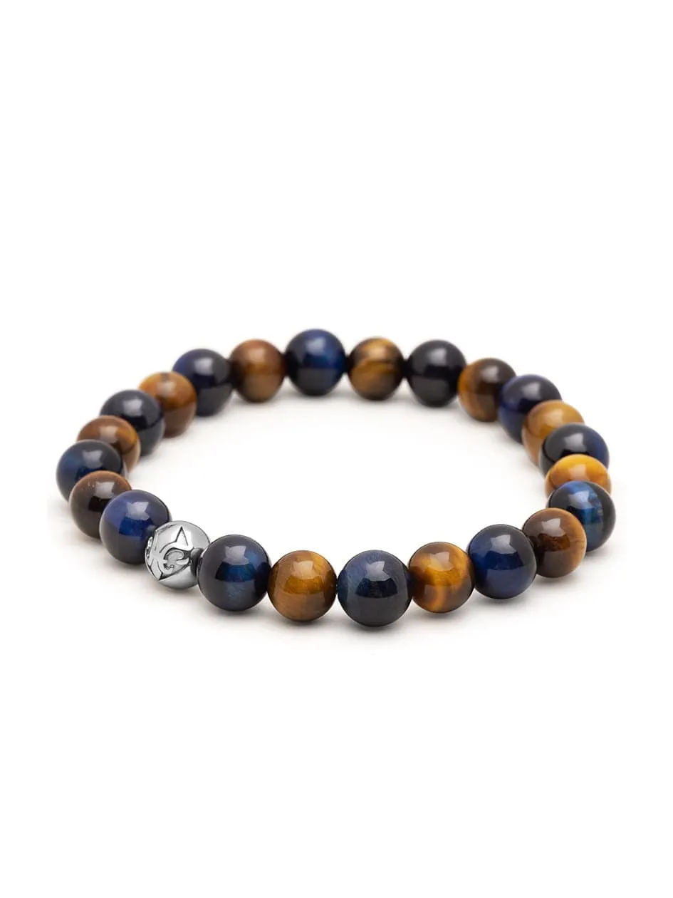 Men's Wristband with Blue Tiger Eye, Brown Tiger Eye and Silver