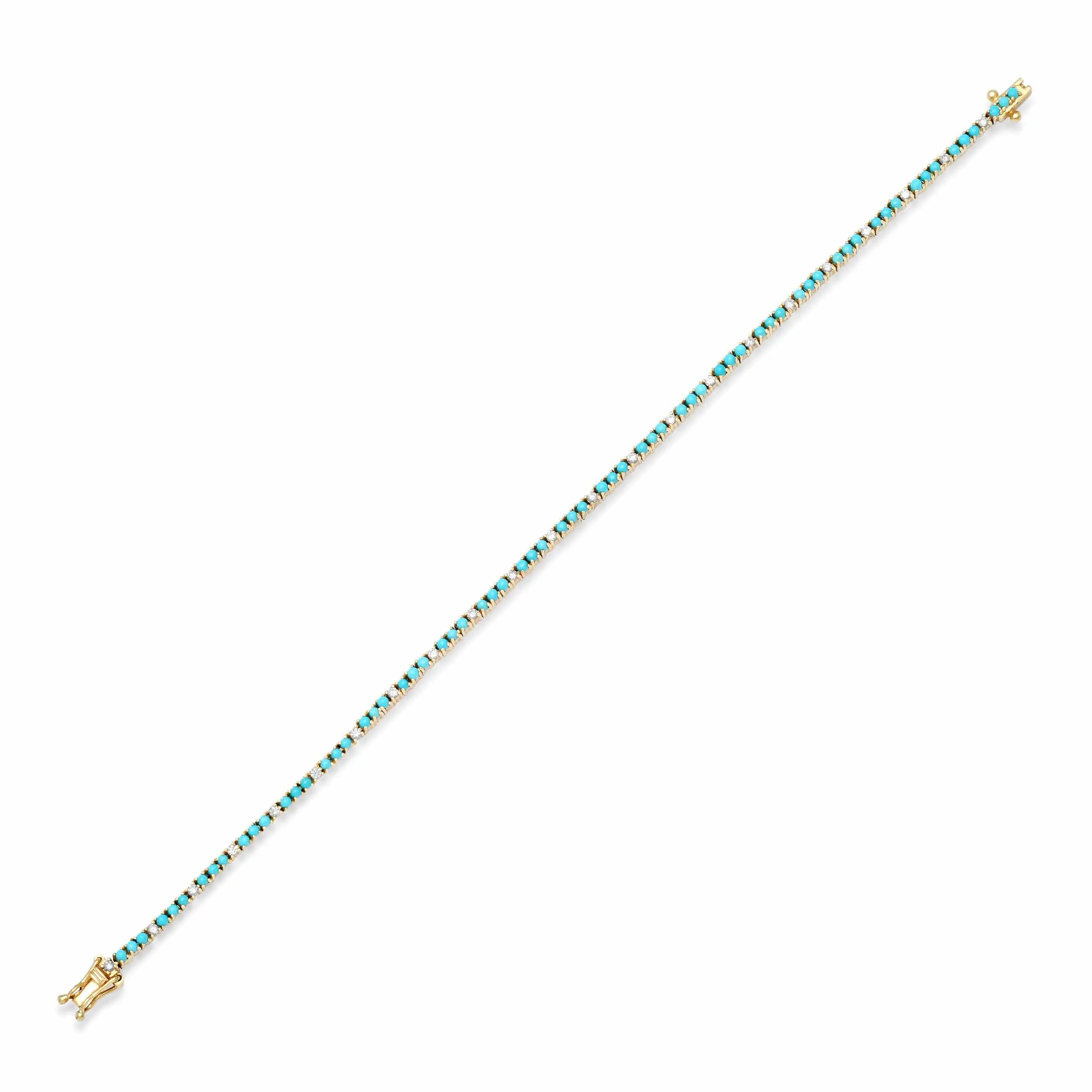 Mini 14K Gold Turquoise and Diamond Tennis Bracelet 4-Prong Setting