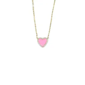 Pink Enamel Heart Necklace With CZ Stone Border