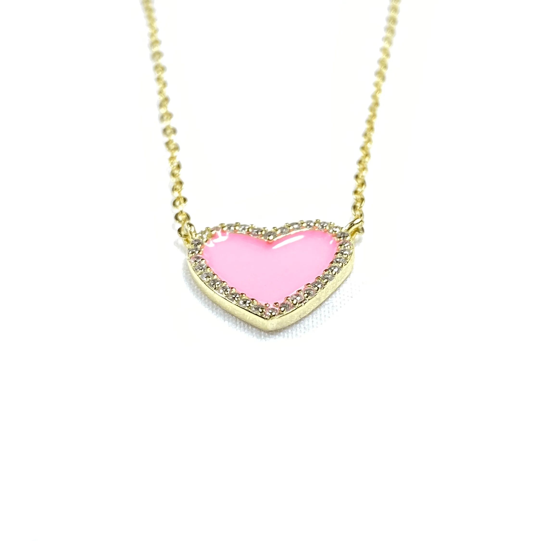 Pink Enamel Heart Necklace With CZ Stone Border