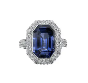 Platinum Emerald Cut Sapphire And Diamond Ring With Micro-Pave Setting