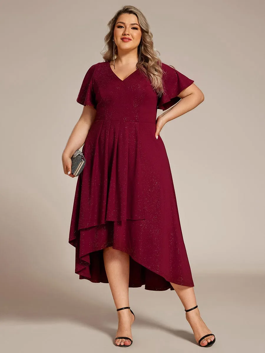 Plus Size  Ruffled Sleeves Glitery V-Neck Midi Wedding Guest Dress