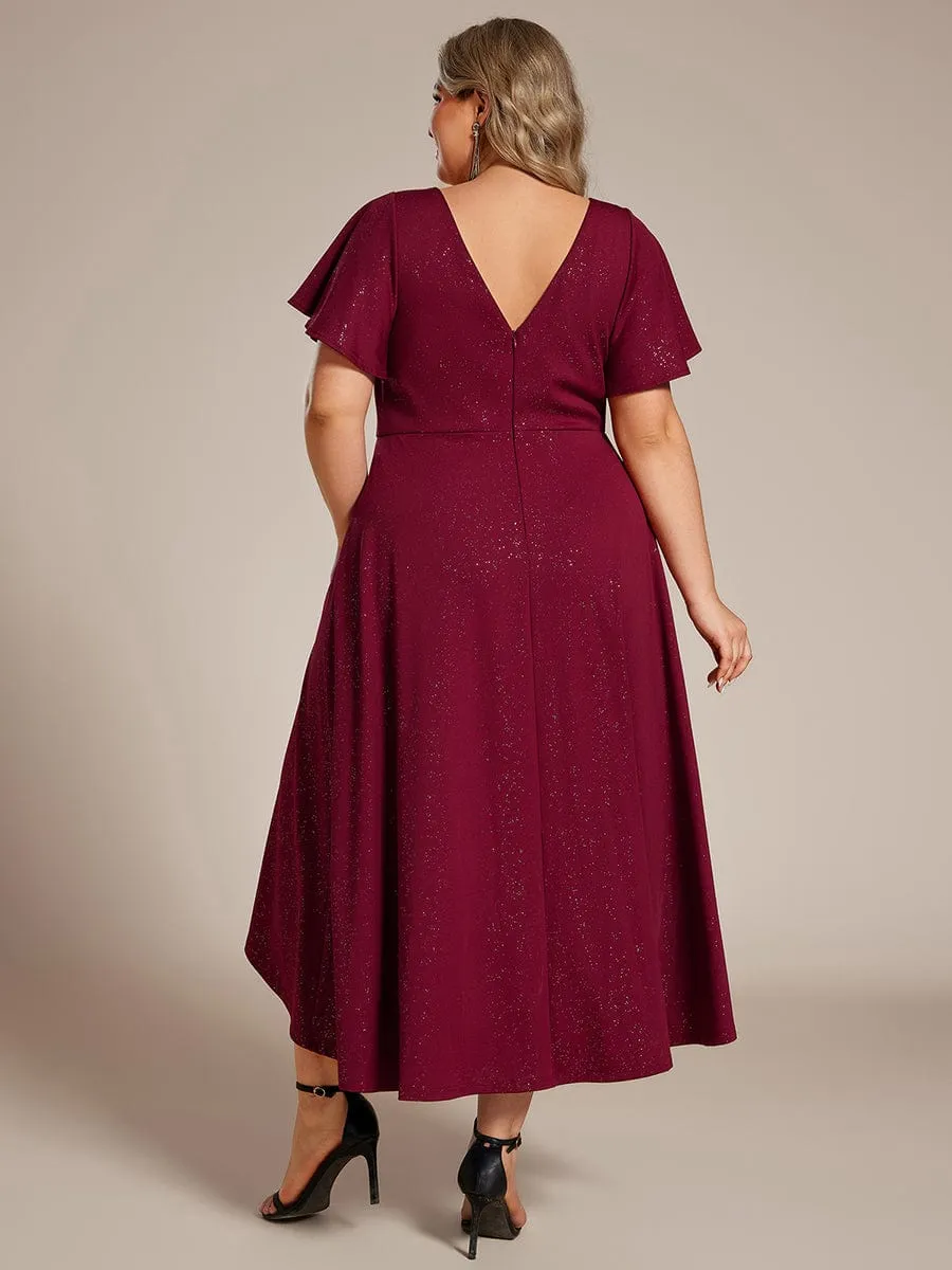 Plus Size  Ruffled Sleeves Glitery V-Neck Midi Wedding Guest Dress