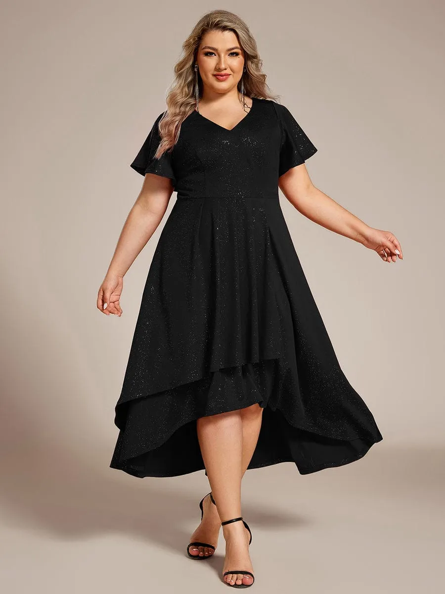 Plus Size  Ruffled Sleeves Glitery V-Neck Midi Wedding Guest Dress