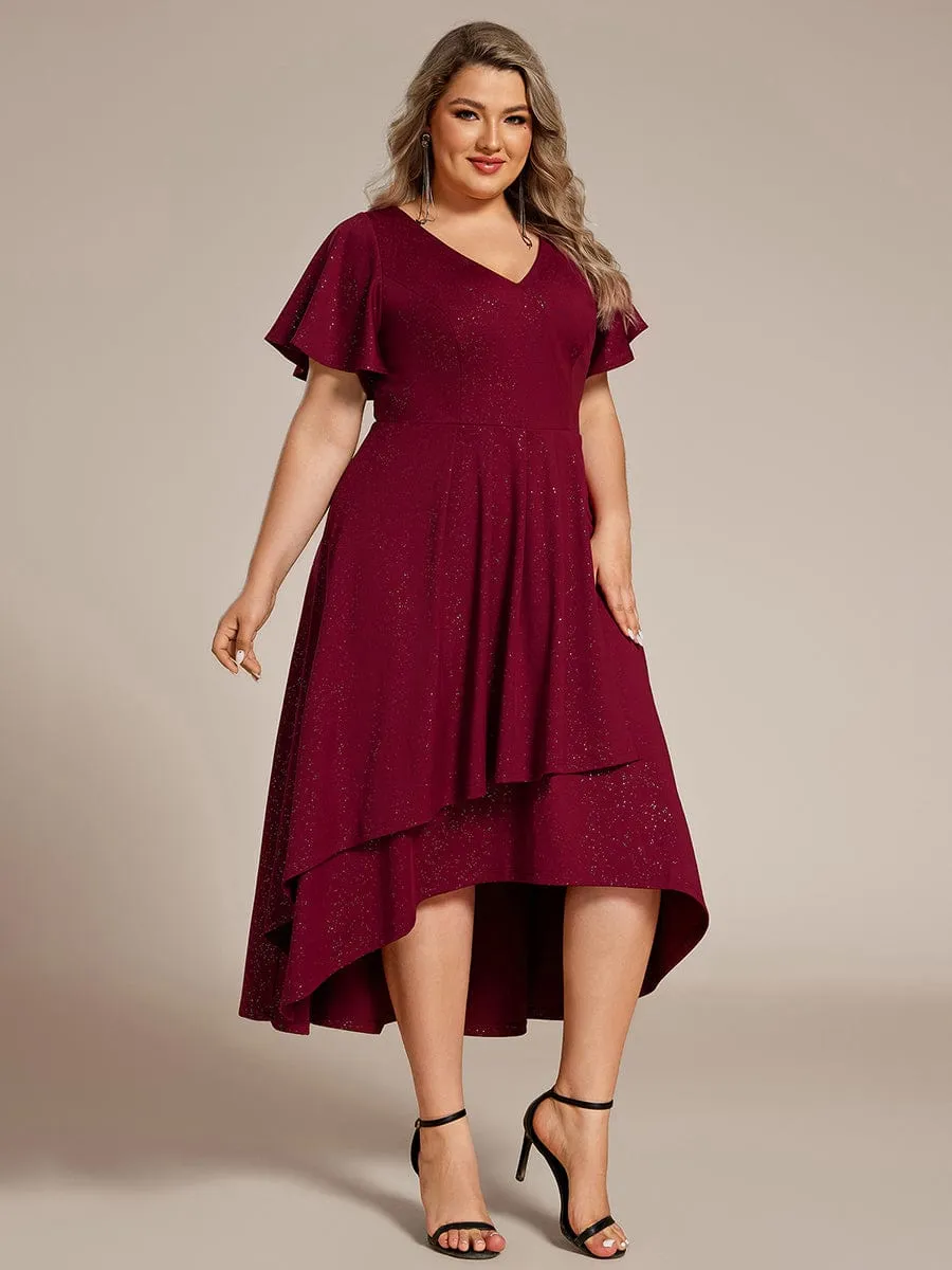 Plus Size  Ruffled Sleeves Glitery V-Neck Midi Wedding Guest Dress