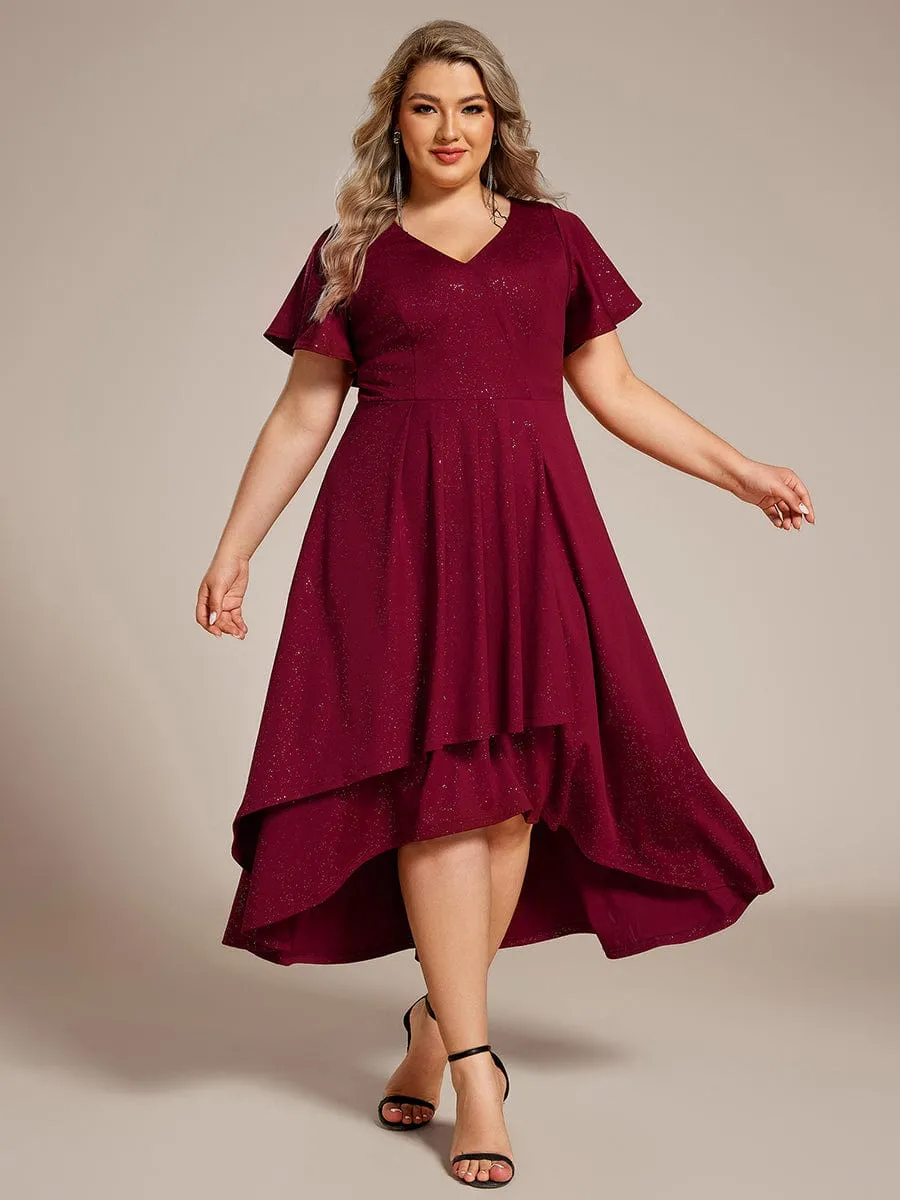 Plus Size  Ruffled Sleeves Glitery V-Neck Midi Wedding Guest Dress