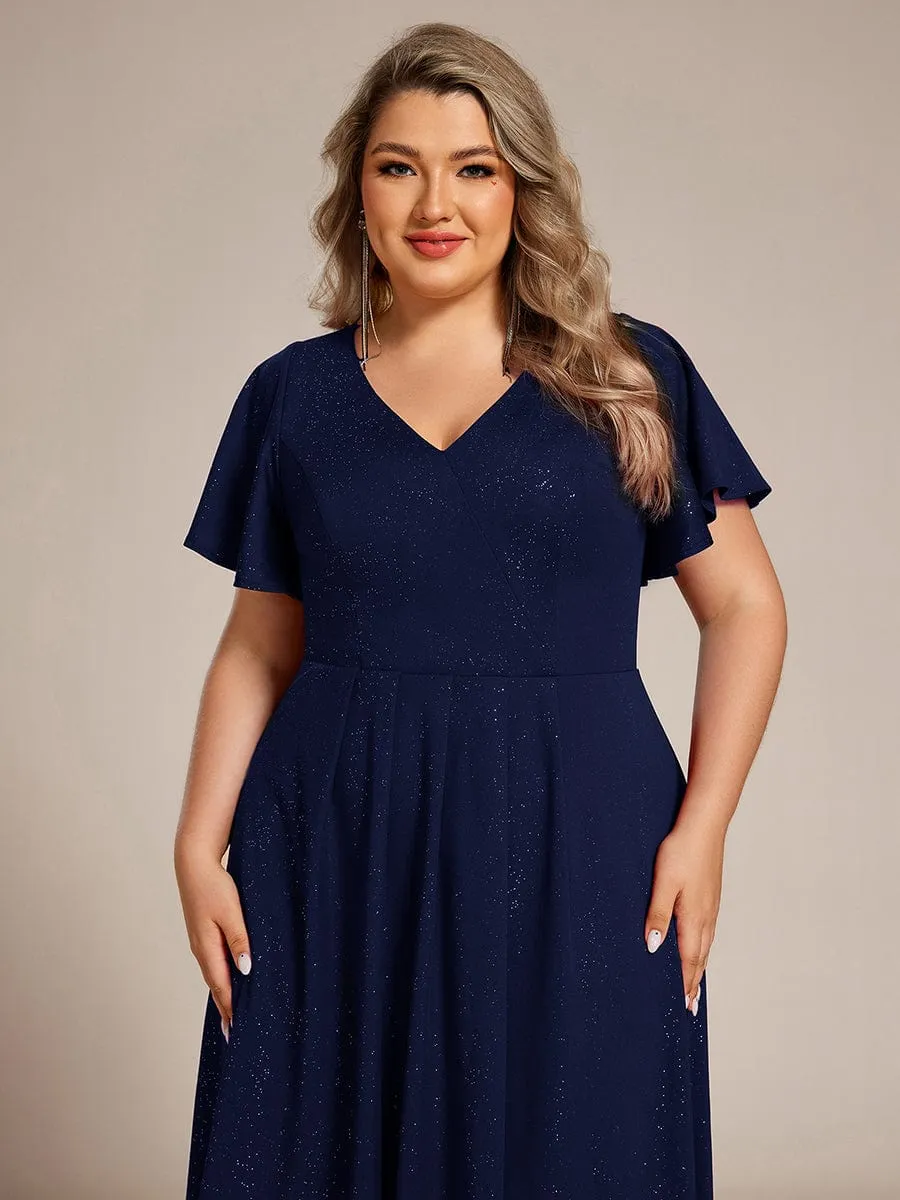 Plus Size  Ruffled Sleeves Glitery V-Neck Midi Wedding Guest Dress