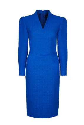 Royal Blue Fitted Dress with Long Sleeves and High Neck - Tricia