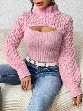 Turtleneck Cut Out Cable Knit Sweater